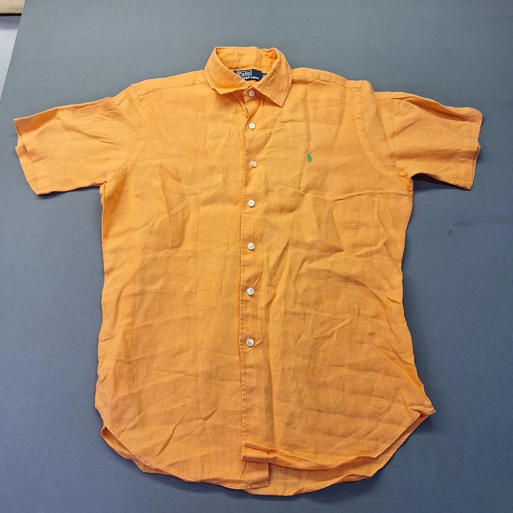 Polo Ralph Lauren Mens Orange 100% Linen Short Sleeve Button Down Shirt M Beach
